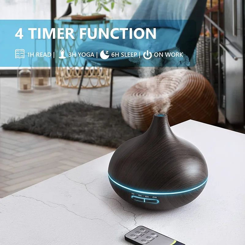 550ml Wood Grain Aroma Diffuser – LED Light & Remote Control Humidifier