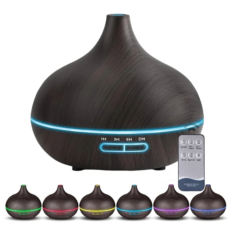 550ml Wood Grain Aroma Diffuser – LED Light & Remote Control Humidifier