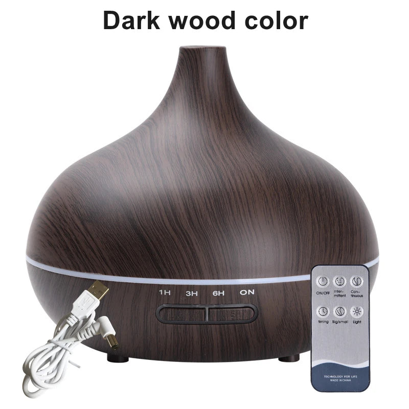 550ml Wood Grain Aroma Diffuser – LED Light & Remote Control Humidifier