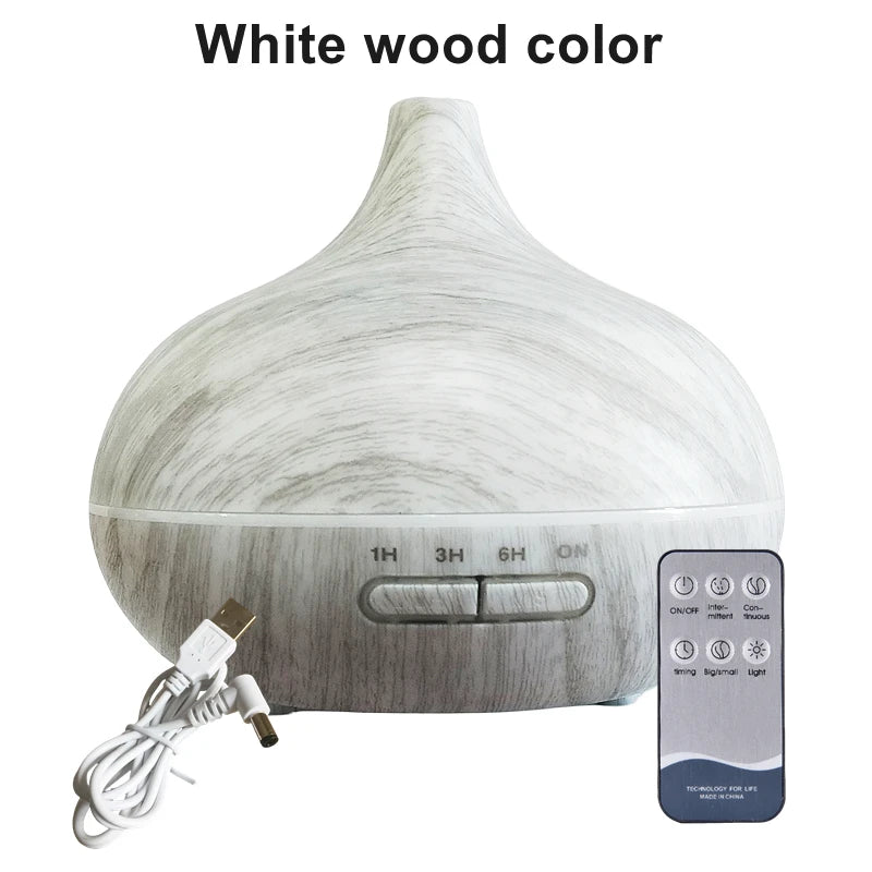 550ml Wood Grain Aroma Diffuser – LED Light & Remote Control Humidifier
