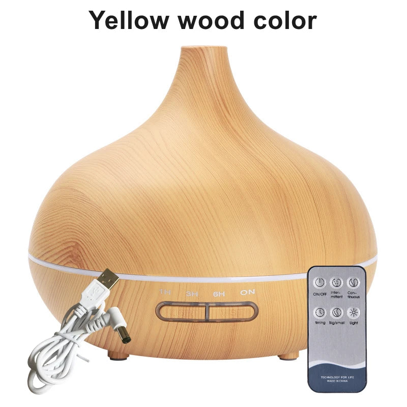 550ml Wood Grain Aroma Diffuser – LED Light & Remote Control Humidifier