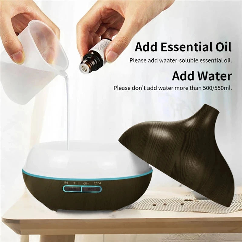 550ml Wood Grain Aroma Diffuser – LED Light & Remote Control Humidifier