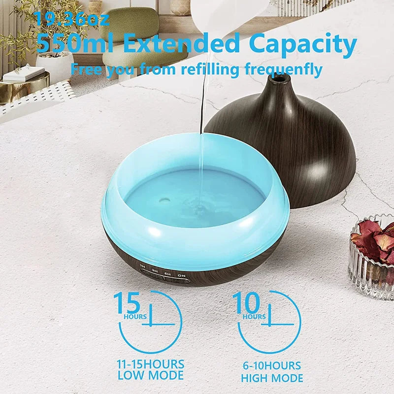 550ml Wood Grain Aroma Diffuser – LED Light & Remote Control Humidifier
